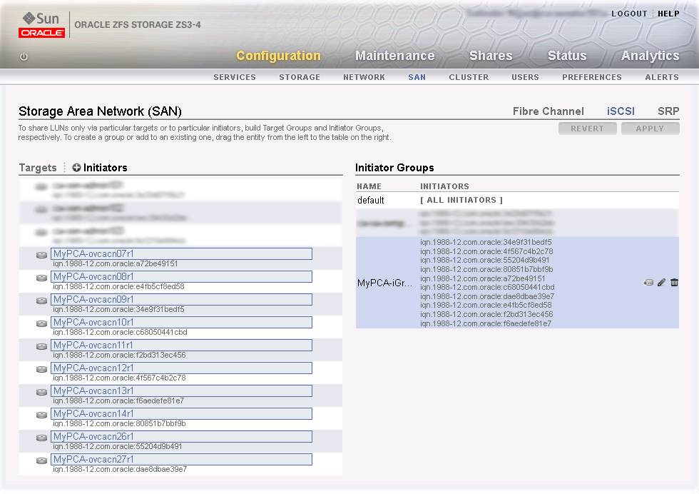 Figure showing ZFS Storage Appliance iSCSI configuration for InfiniBand. The iSCSI configuration is now final and active.