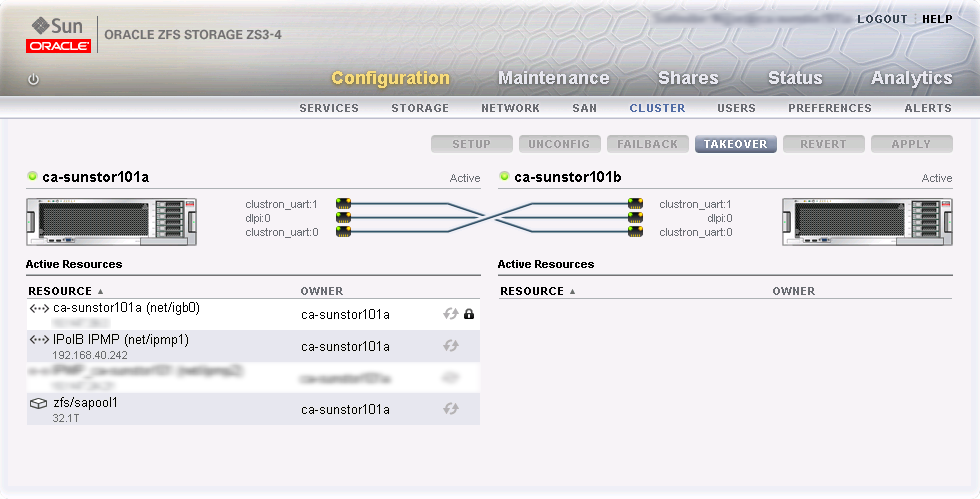Figure showing ZFS Storage Appliance management cluster configuration as seen from the perspective of the active head. All resources are owned by the active head, none by the standby head.