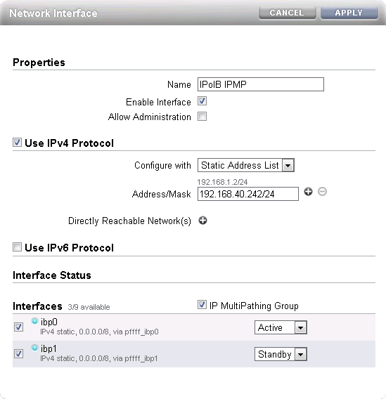 Figure showing ZFS Storage Appliance interface configuration for InfiniBand. The illustration shows an additional interface being configured for IPMP across the two existing interfaces. The IP address is assigned to the active underlying interface. The other interface remains in standby, ready to take over the master role in case the active interface should fail.