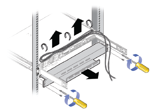 This figure shows the cable tray being removed from an empty rack unit prior to the installation of an expansion compute node. This figure shows the cable tray being removed from an empty rack unit prior to the installation of an expansion compute node.
