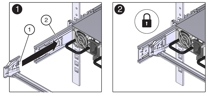 This figure shows the CMA connector A being installed into the left slide-rail. This figure shows the CMA connector A being installed into the left slide-rail.
