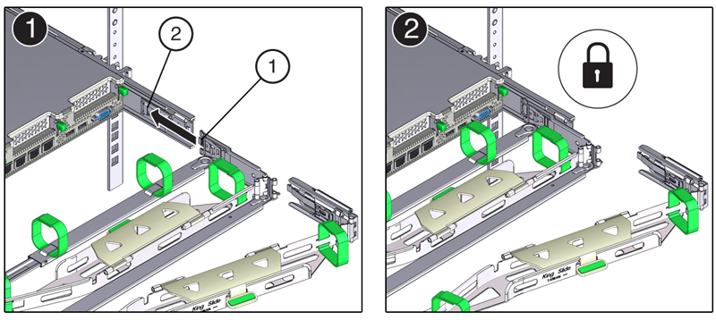 This figure shows the CMA connector B being installed into the right slide-rail. This figure shows the CMA connector B being installed into the right slide-rail.