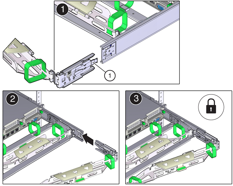 This figure shows the CMA connector C being installed into the right slide-rail. This figure shows the CMA connector C being installed into the right slide-rail.