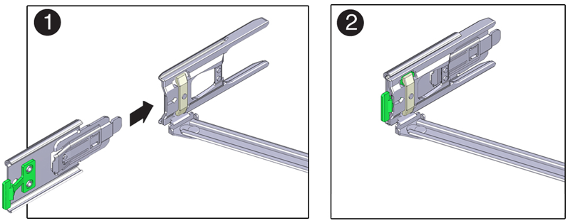 Figure showing CMA connector D being aligned with the slide-rail latching bracket. Figure showing CMA connector D being aligned with the slide-rail latching bracket.