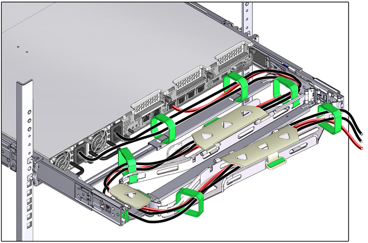 Figure showing CMA with cables installed, cable covers closed, and cables secured with Velcro straps. Figure showing CMA with cables installed, cable covers closed, and cables secured with Velcro straps.
