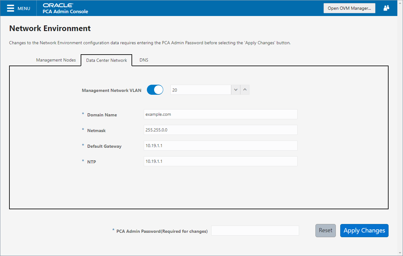 Screenshot showing the Data Center Network tab in the Network Environment window of the Oracle Private Cloud Appliance Dashboard. Screenshot showing the Data Center Network tab in the Network Environment window of the Oracle Private Cloud Appliance Dashboard.