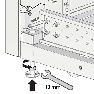 This figure shows the leveling feet being locked in place with an open wrench. This figure shows the leveling feet being locked in place with an open wrench.