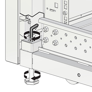 This figure shows the leveling feet being lowered with a hex wrench. This figure shows the leveling feet being lowered with a hex wrench.
