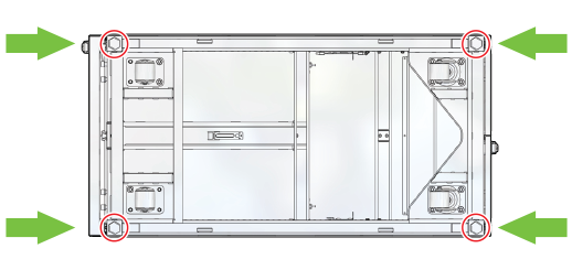 This figure shows the location of the leveling feet on the rack. This figure shows the location of the leveling feet on the rack.