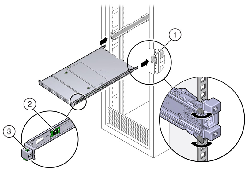 This figure shows the server being inserted into the slide-rails. This figure shows the server being inserted into the slide-rails.
