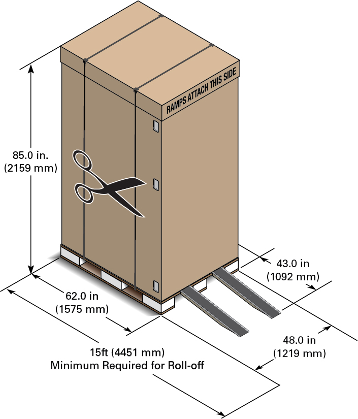 開梱に必要なコンテナ・ディメンションおよび最小スペースを備えた出荷コンテナ内のOracle Private Cloud Applianceを示す図。ロール・オフの場合は15分、高さ85インチ、奥行き62インチ、幅48インチ。