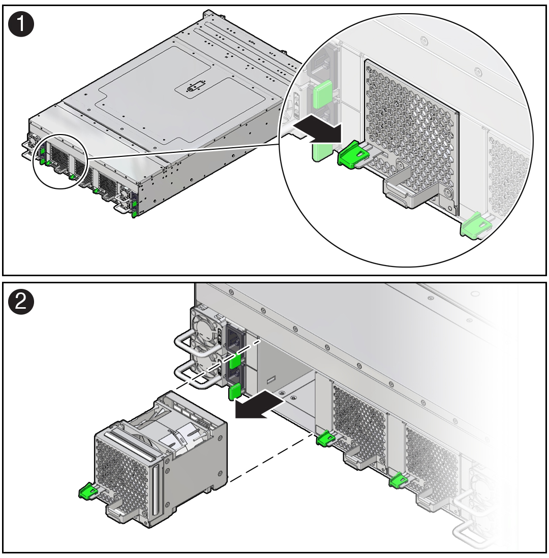 ファン・モジュールの取り外し方法を示す図。 ファン・モジュールの取り外し方法を示す図。