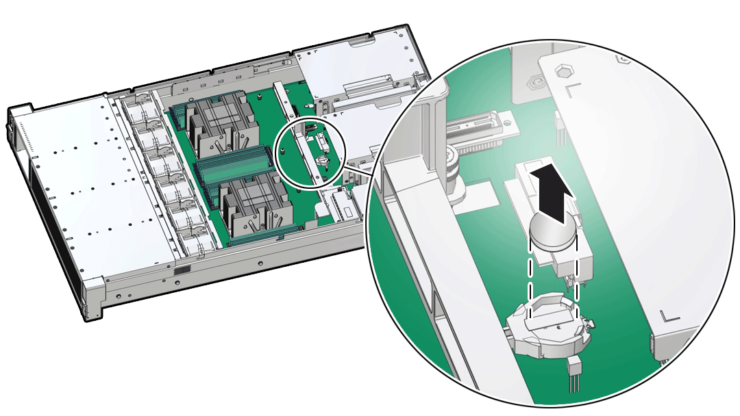 1093TRホルダーからシステム・バッテリを取り外す方法を示す図。