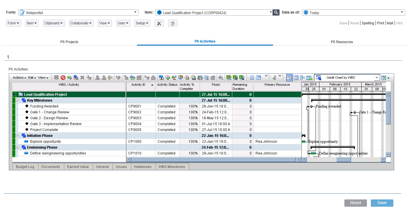Sample P6 Activities Portlet