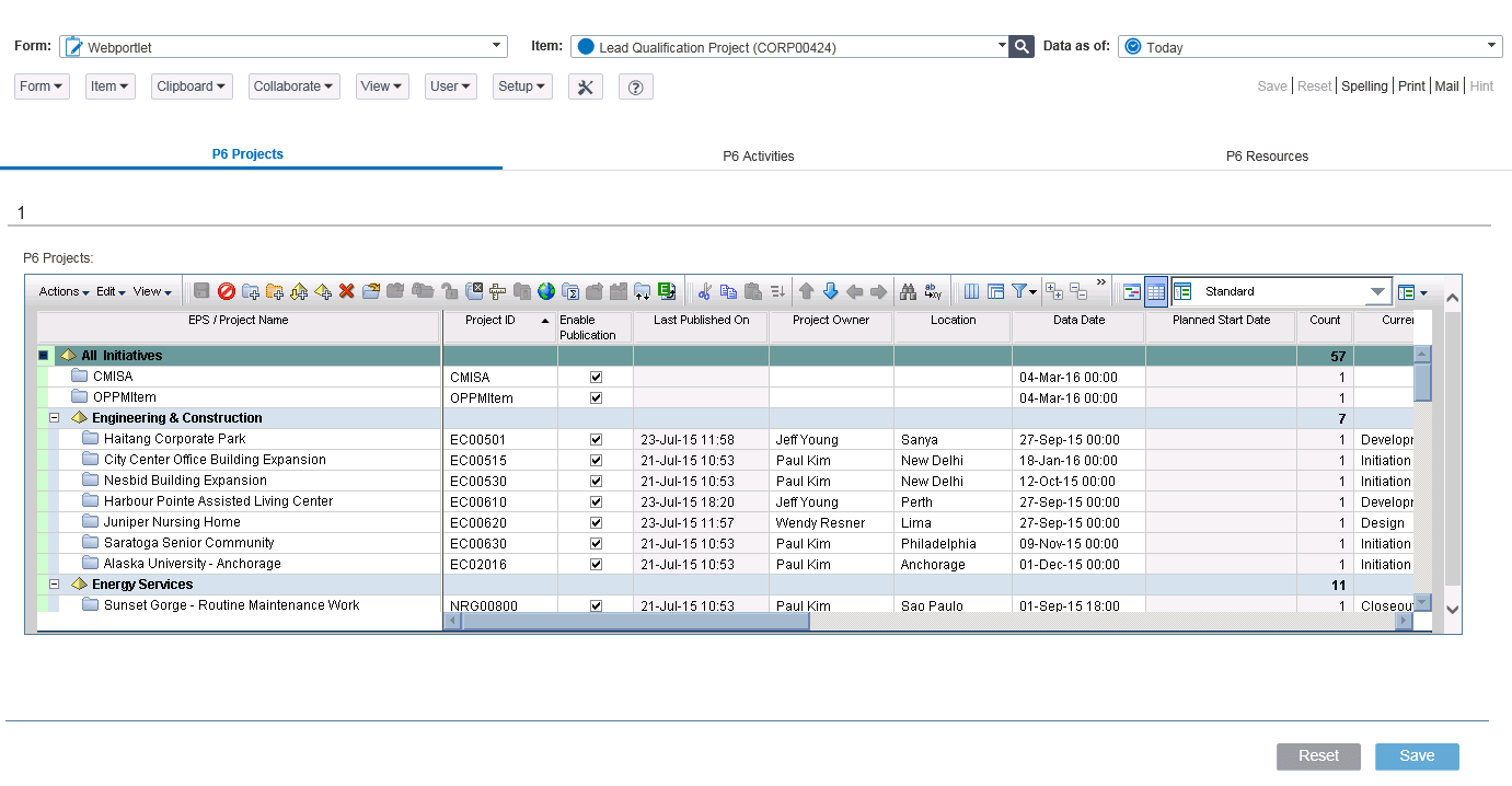 Sample P6 Projects Portlet