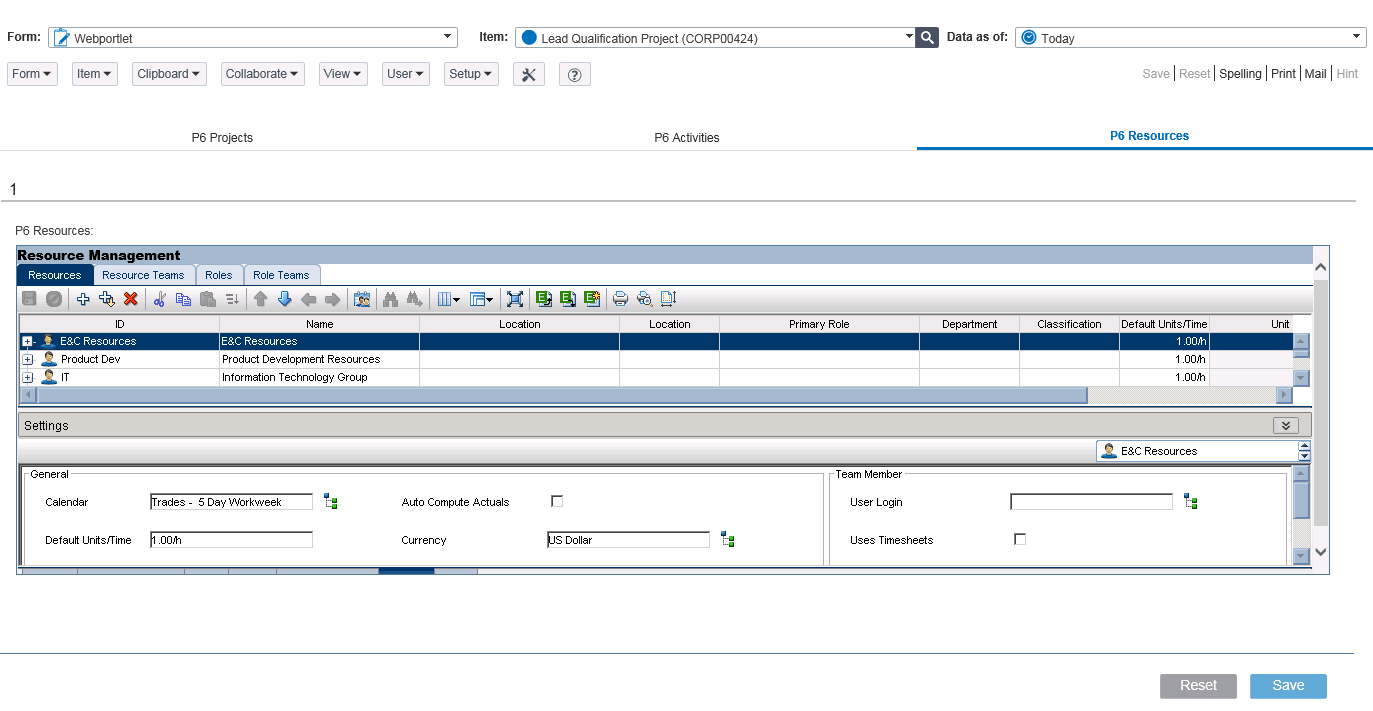 Sample P6 Resources Portlet