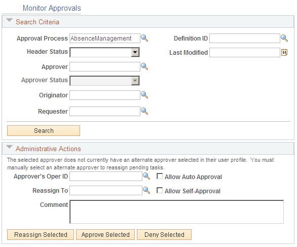 Monitor Approvals-Search Criteria page
