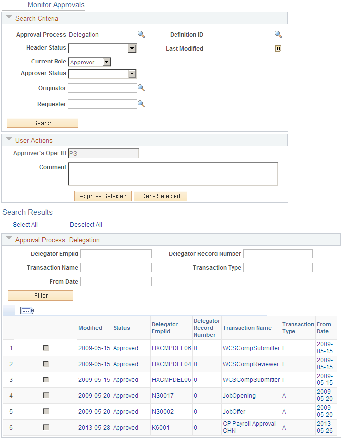 User Monitor - Monitor Approvals page for current role Approver