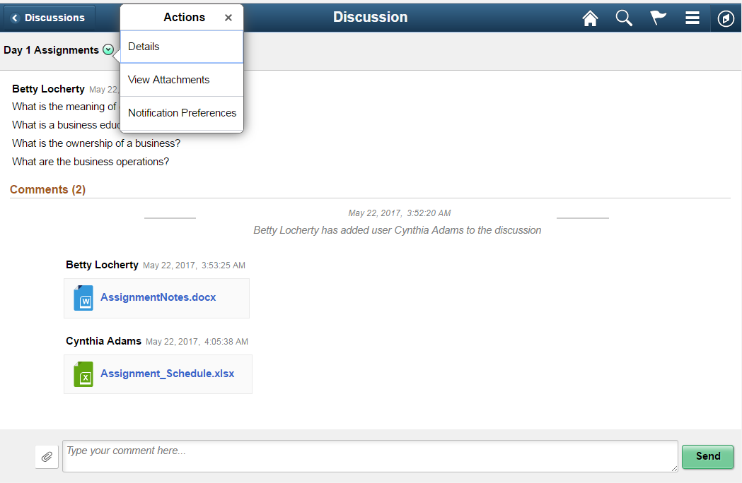 Discussions Actions Page