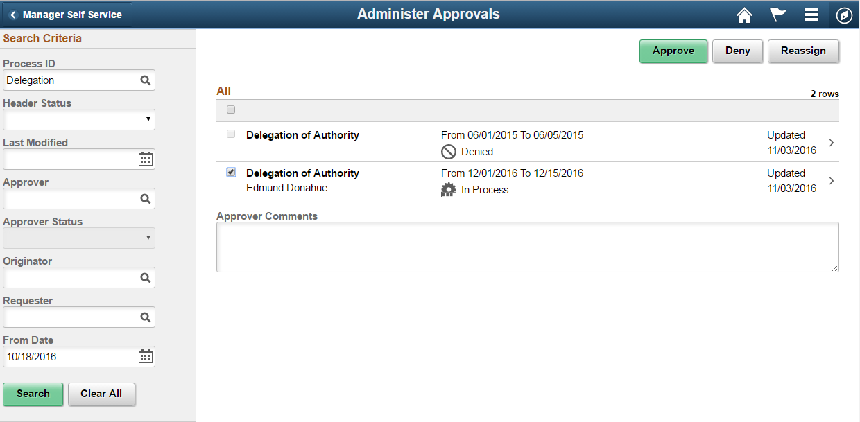 Administer Approvals Search page.