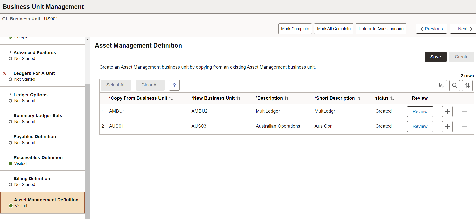 Business Unit Management - Asset Management Definition page