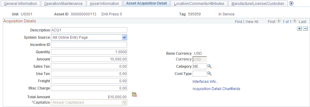Asset Acquisition Detail page (2 of 6)