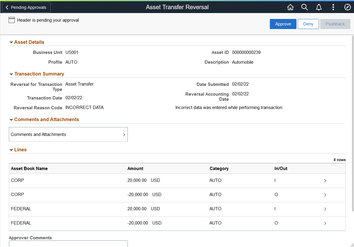 Asset Transfer Reversal - Approval Header Detail page