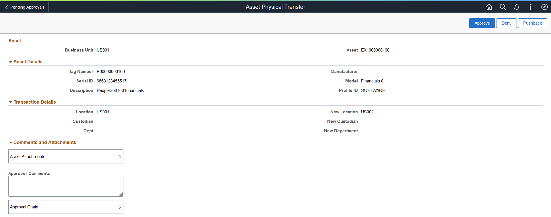 Asset Physical Transfer - Header Detail page