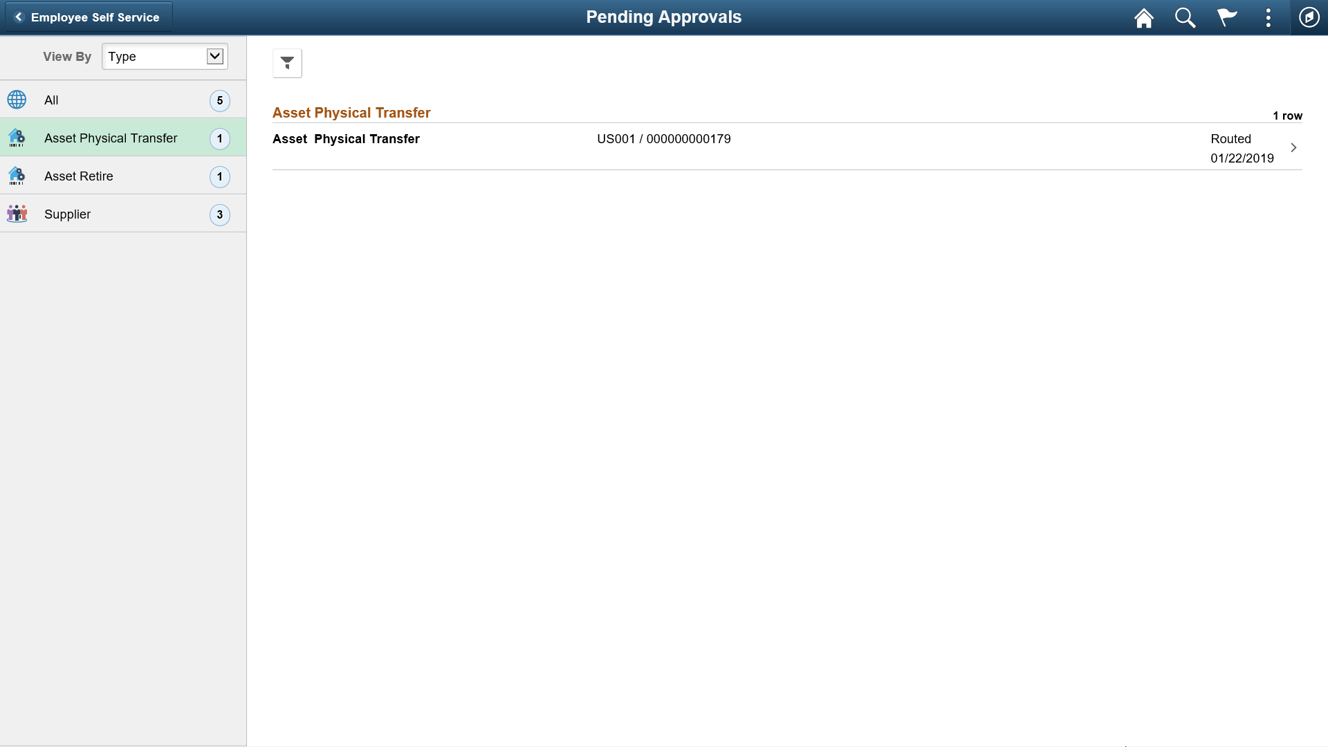 Pending Approvals - Asset Physical Transfer page