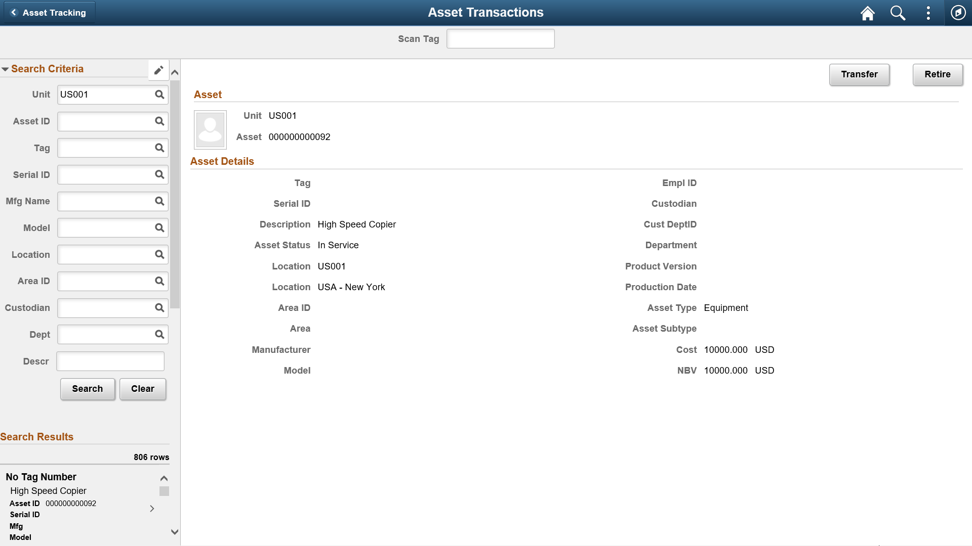 Asset Transactions page