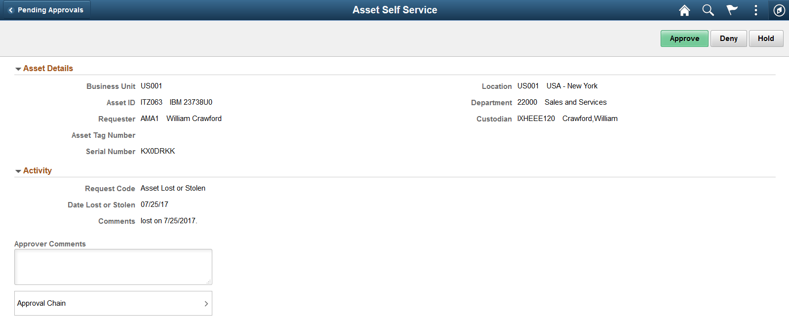 Asset Self Service Approval Header Details Page