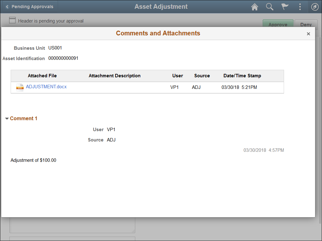 Asset Adjustment Approval Header Detail - Comments and Attachments secondary page