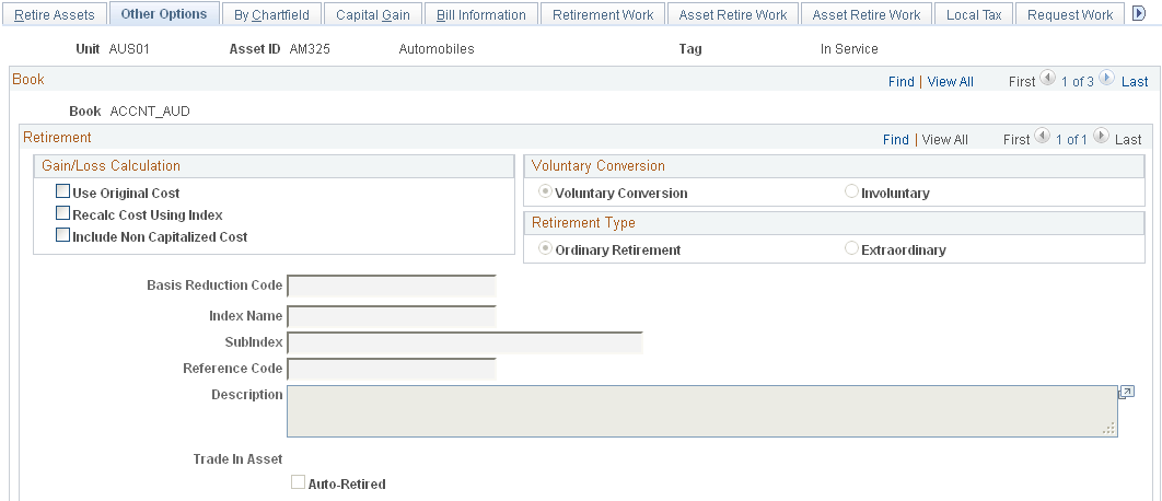 Retire/Reinstate Assets - Other Options page