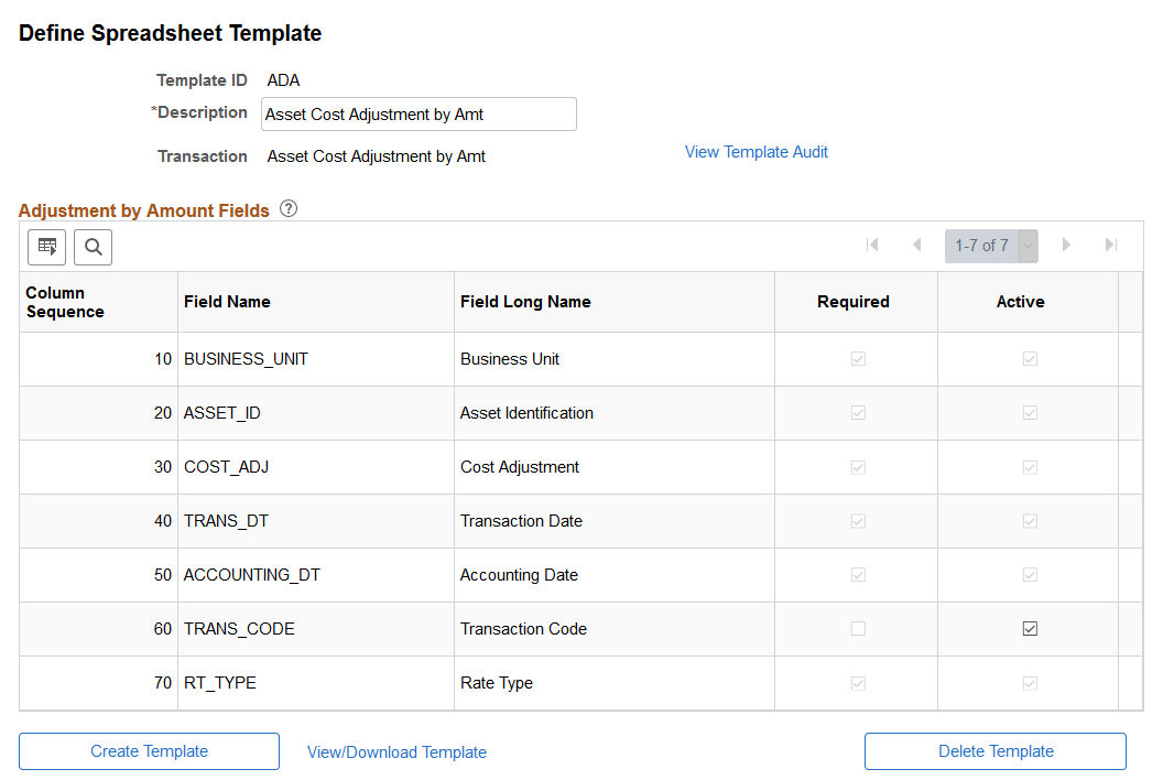 Define Spreadsheet Template Page (Asset Cost Adjustment by Amount)
