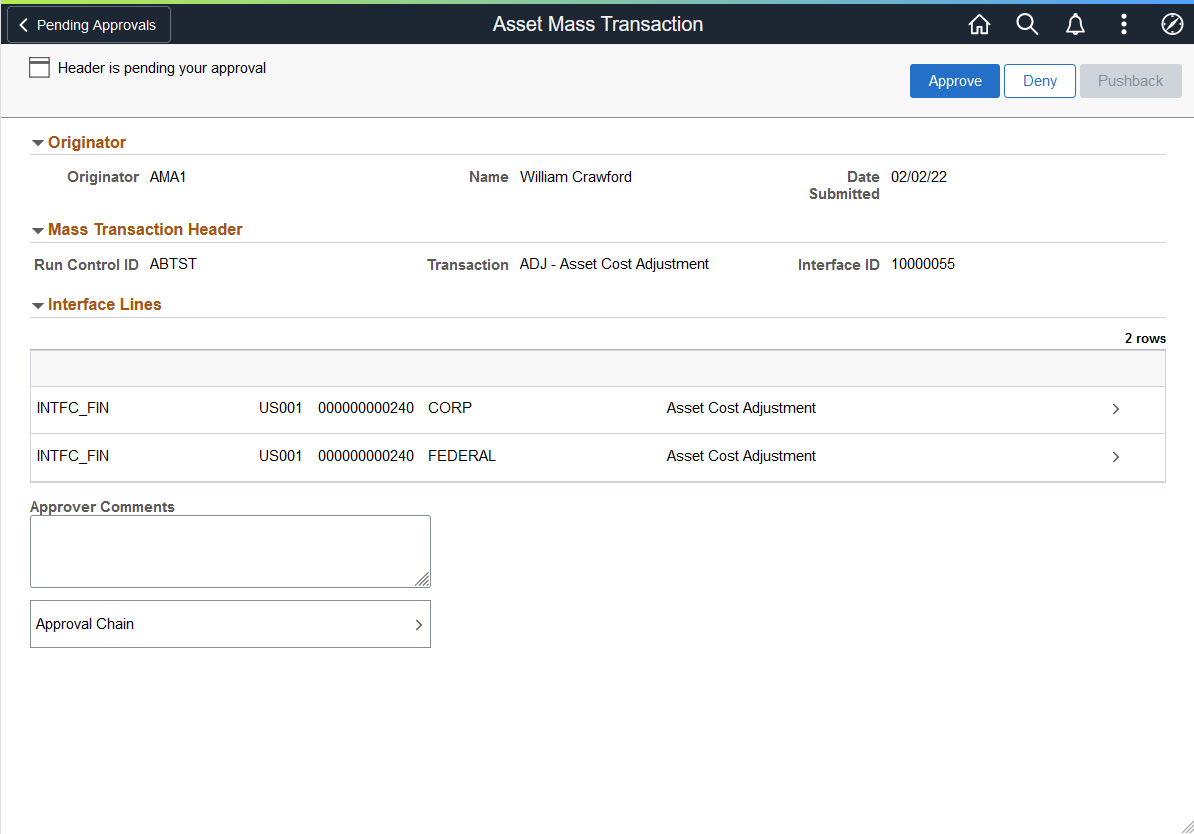Asset Mass Transaction - Approval Header Detail page