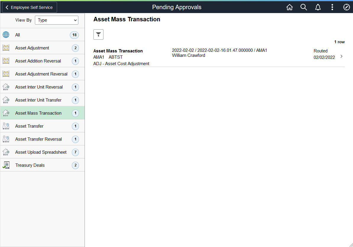 Pending Approvals - Asset Mass Transaction page