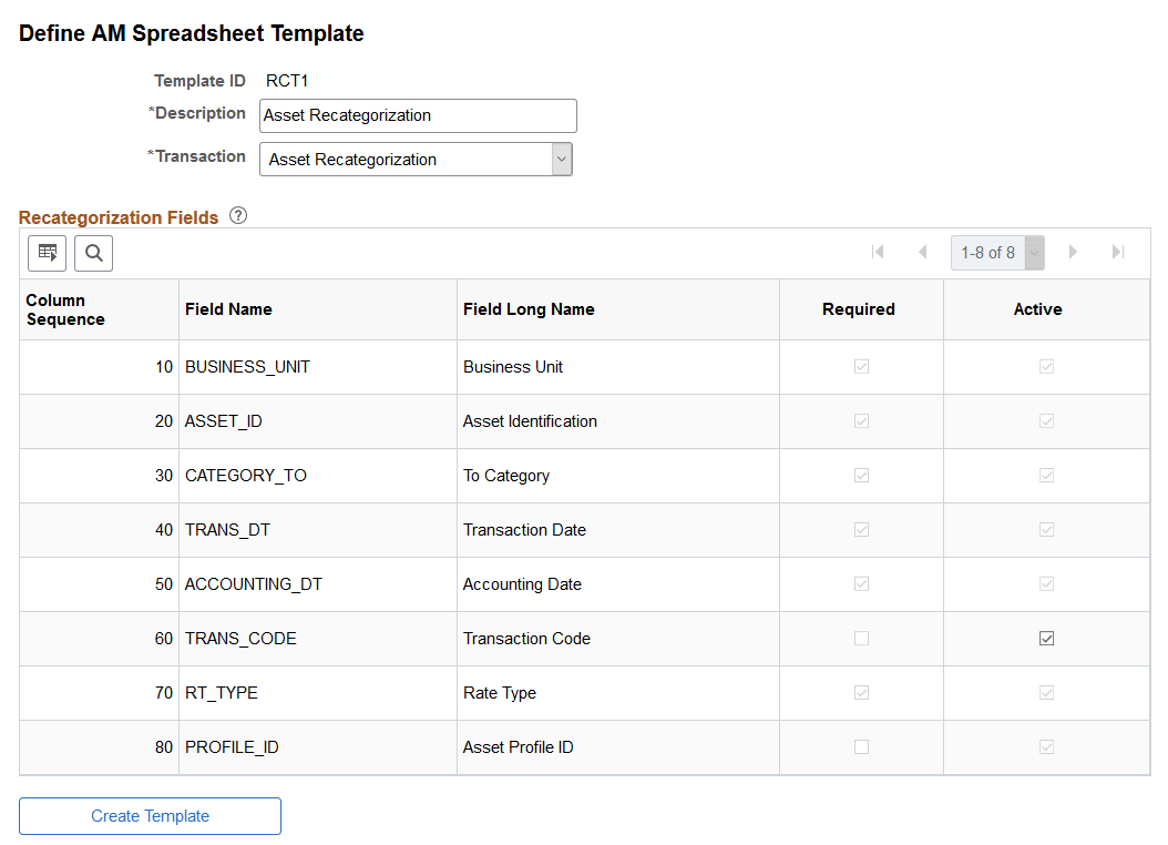 Define Spreadsheet Template Page (Recatagorize Asset)
