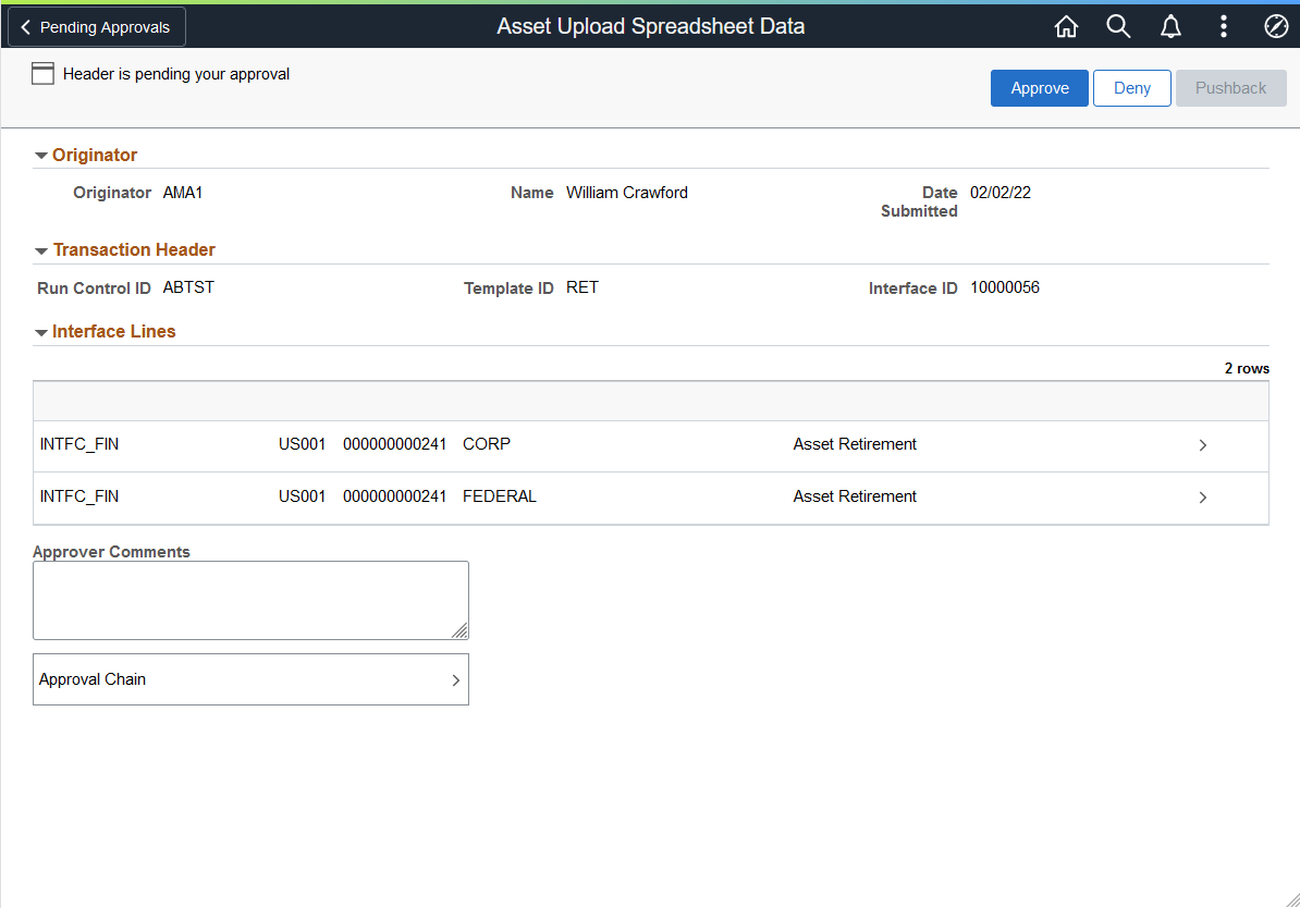 Asset Upload Spreadsheet Data - Approval Header Detail page