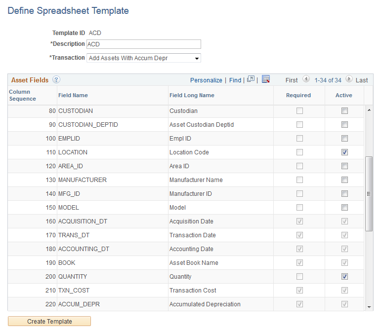 Define Spreadsheet Template Page (Add Assets with Accumulated Depreciation)