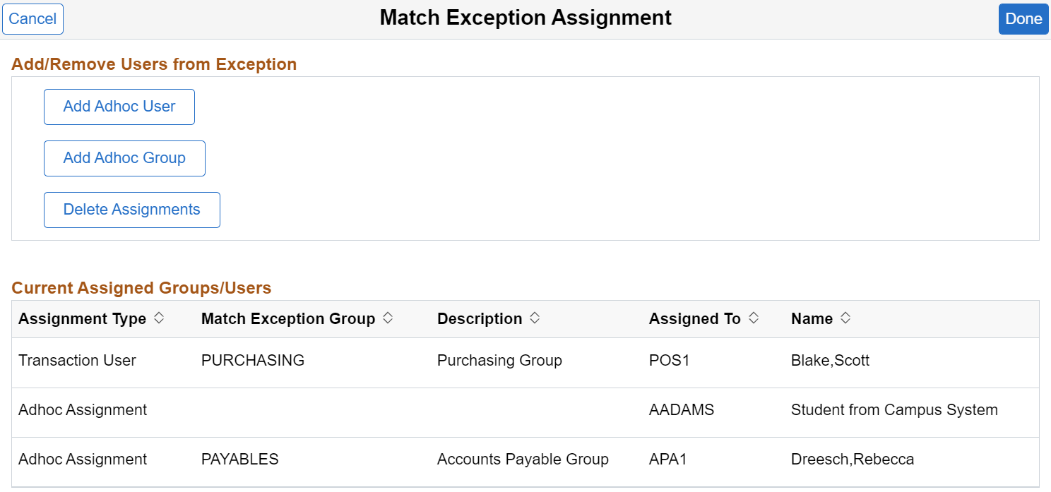 Match Exception Assignment page