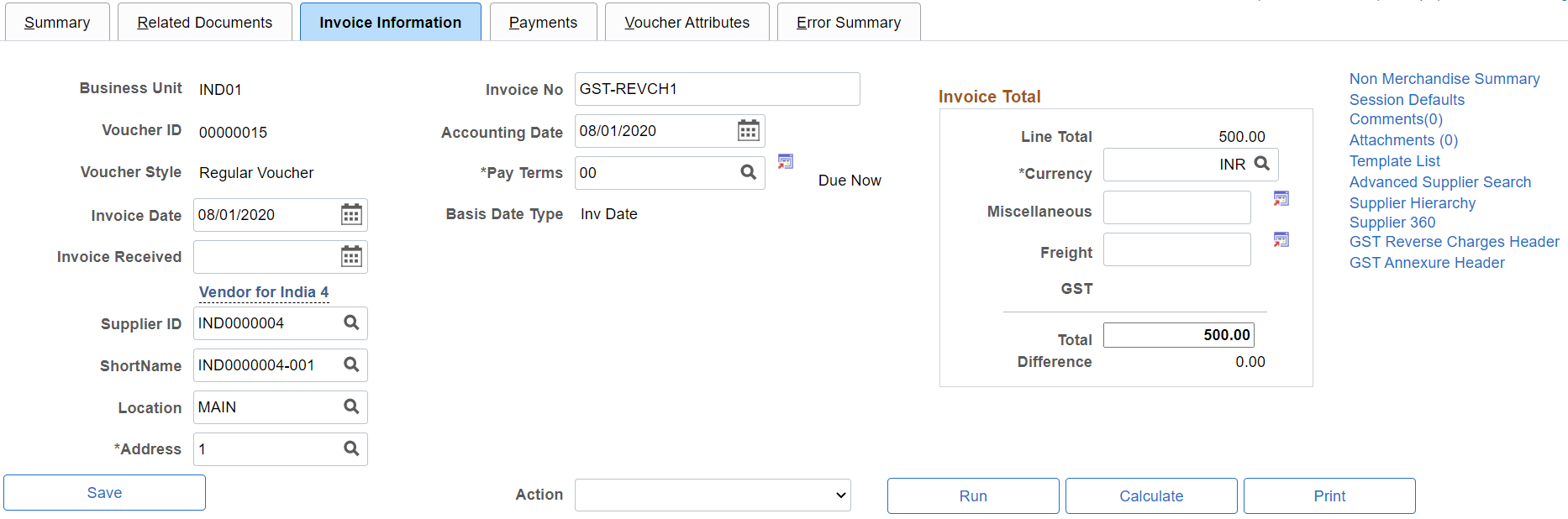 Invoice Information page for regular voucher style with Reverse Charge transaction (1 of 2)