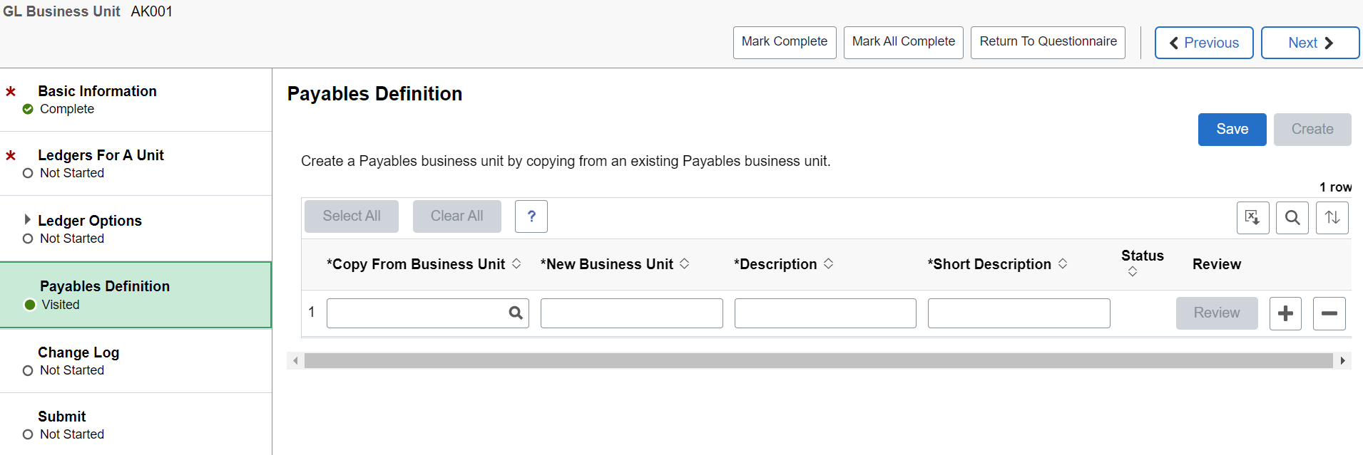 Business Unit Management - Payables Definition Page