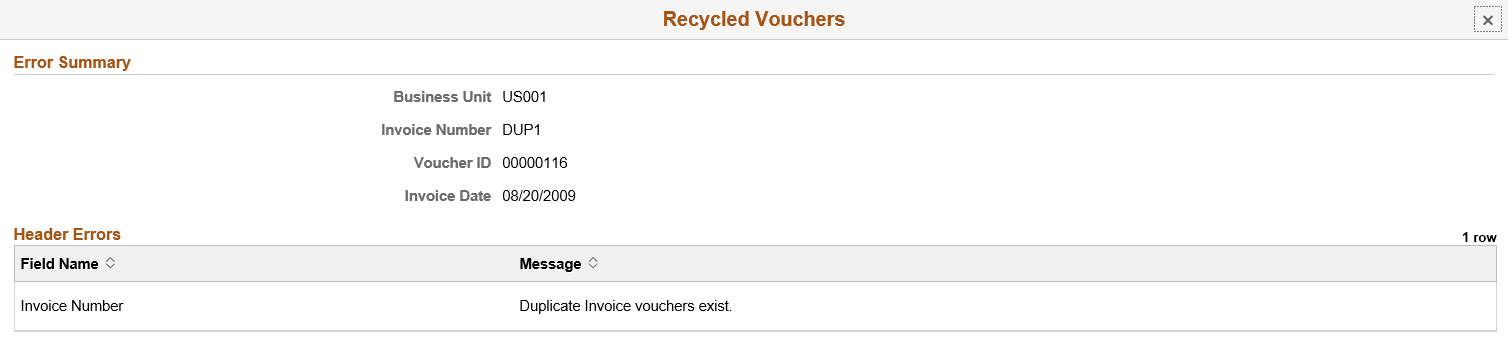 Error Summary - Recycled Vouchers page