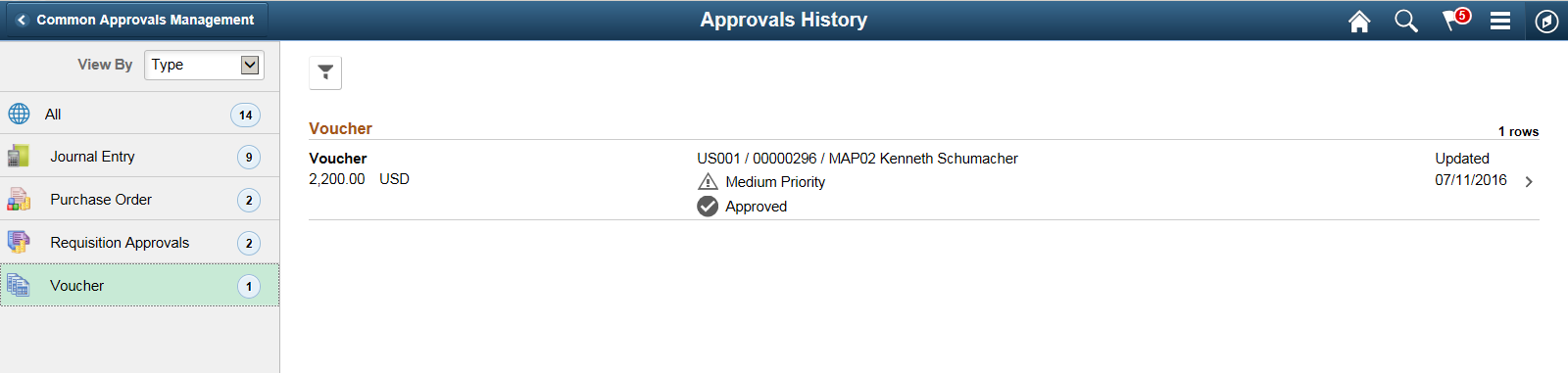 Approvals History page