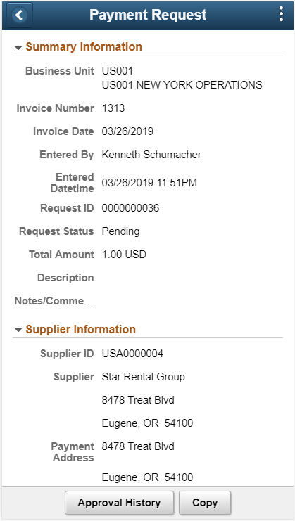 Payment Request Details page - Smartphone