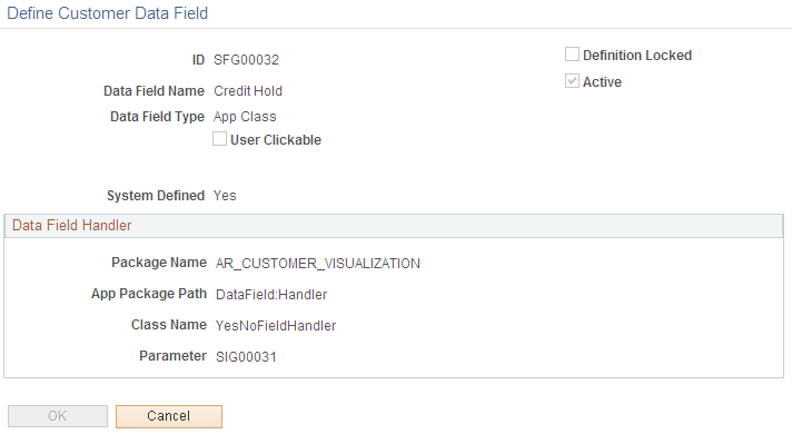 Define Customer Data Field page for Application Class packages