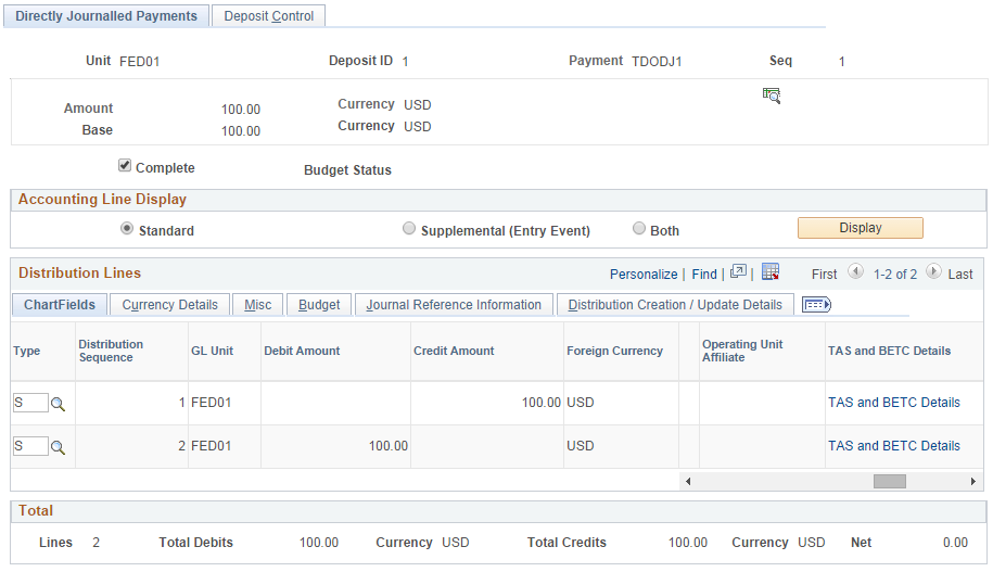 Directly Journalled Payments page