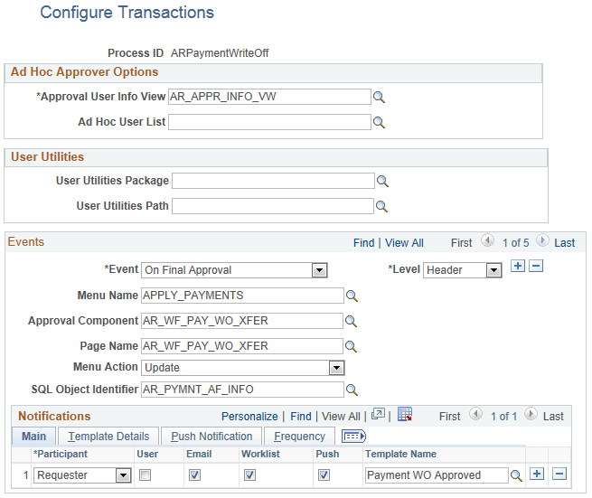Configure Transactions page for write-off approvals (1 of 4)