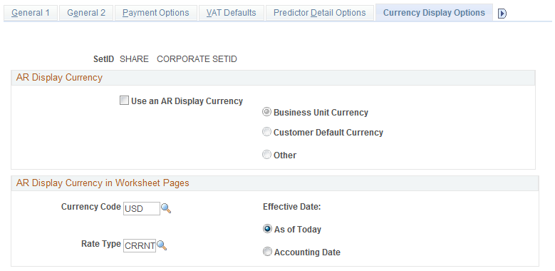 Receivables Options - Currency Display Options page