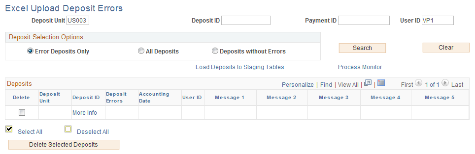 Excel Upload Deposit Errors page